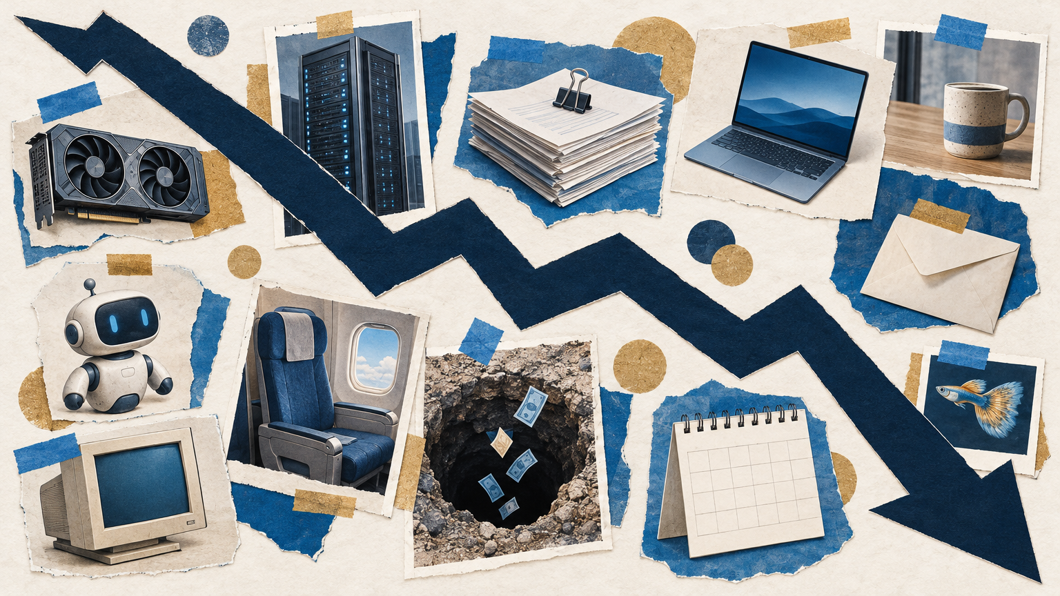 Editorial collage of a navy paper arrow zigzagging downward across a scrapbook page, surrounded by taped cutouts of a GPU, server rack, paperwork, laptop, robot, old monitor, airplane seat, guppy and money falling into a hole.