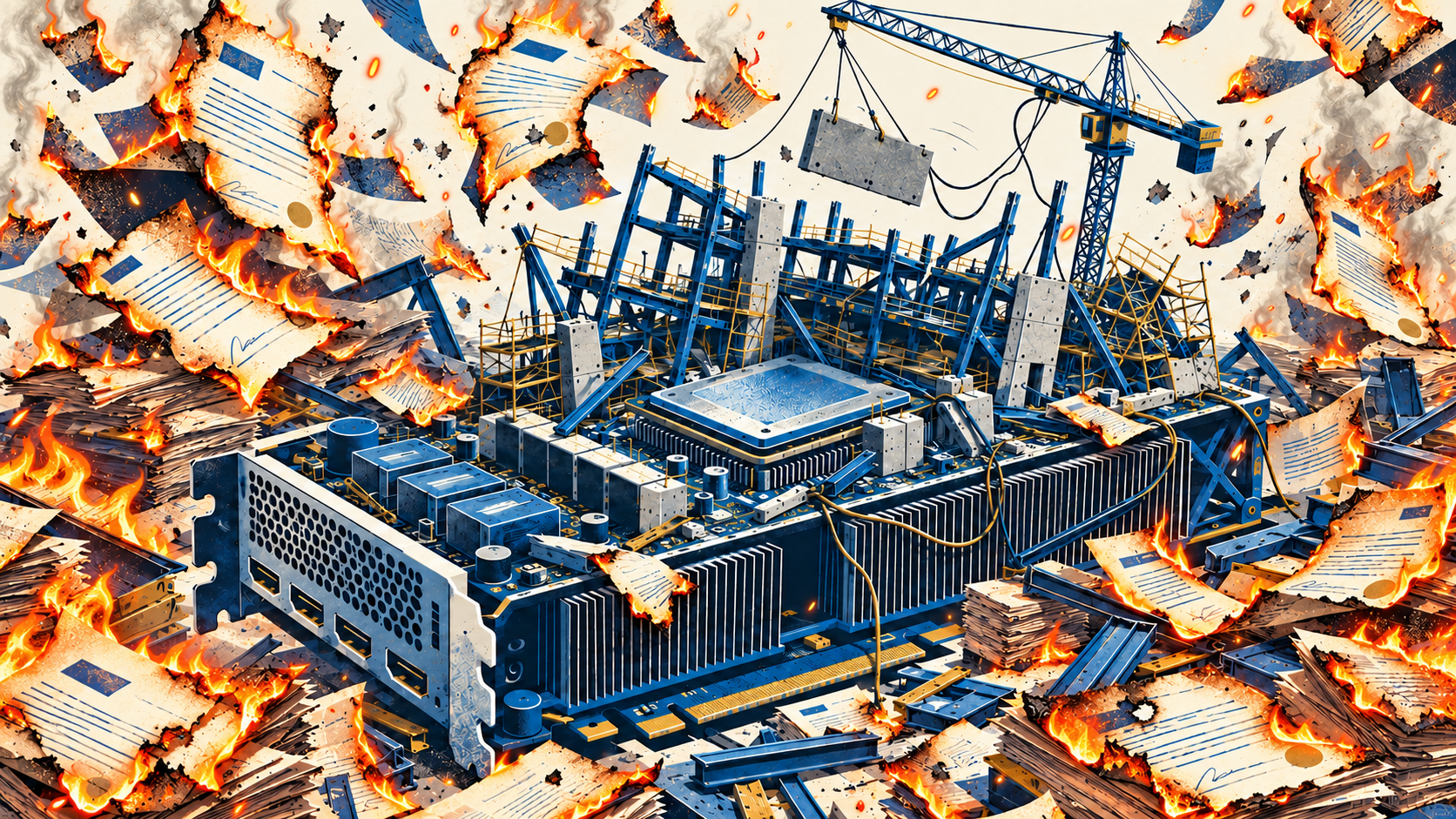 Editorial illustration of a GPU as an unfinished building, surrounded by burning financing papers, leaning scaffolding and a crane.