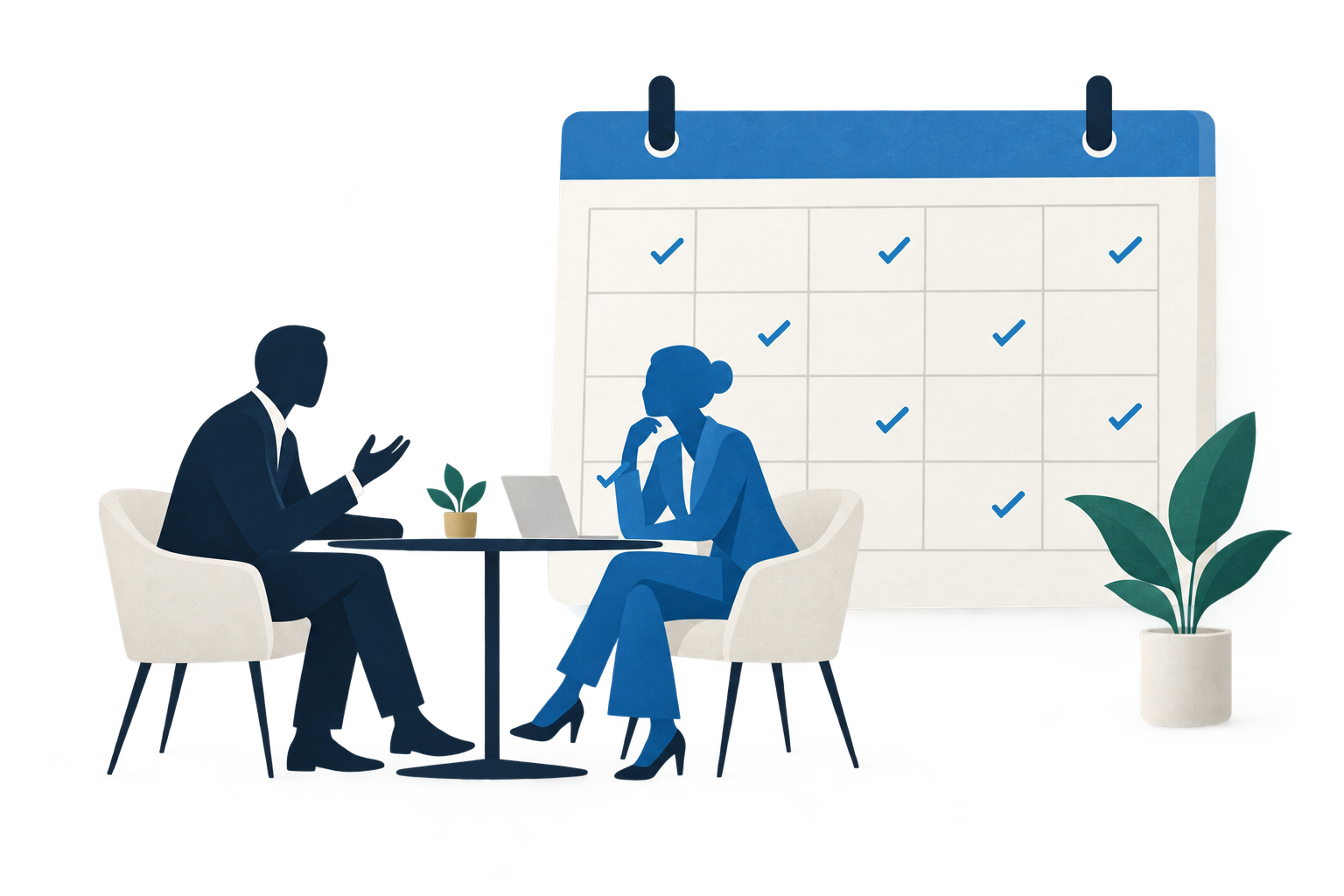 Two faceless decision-makers in conversation beside a calendar with nine cerulean meeting checks.